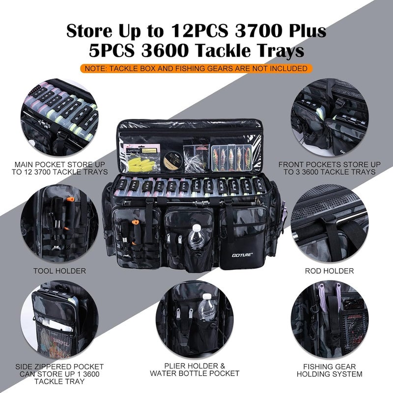 Goture Large Tackle Bag,Water Resistant Saltwater Gear Storage Big Fishing Bag with EVA Bottom,Store Up to 12PCS 3700 Plus 5PCS 3600 Tackle Trays(Not Included),Gifts for Men(26.38"x15.35"x11.42") - Image 2